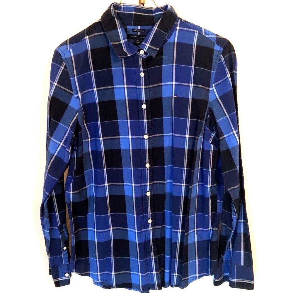 Tommy Hilfiger Womens Button Up Shirt Blue Plaid Long Sleeve Cuff Pleated M